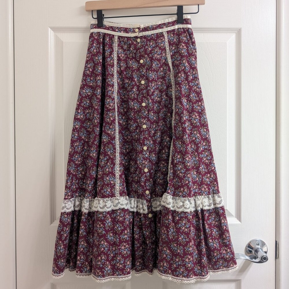 Vintage Gunne Sax Prairie Skirt in Burgundy Floral XXS - Picture 2 of 6